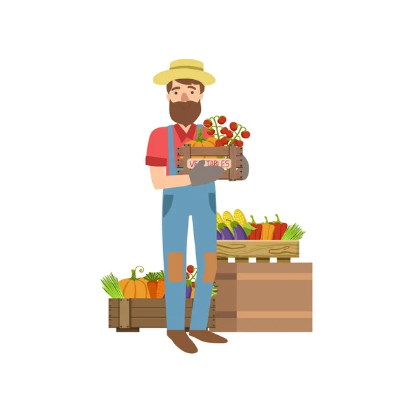 Fermier avec barbe tenant des légumes de caisse en bois — Image vectorielle