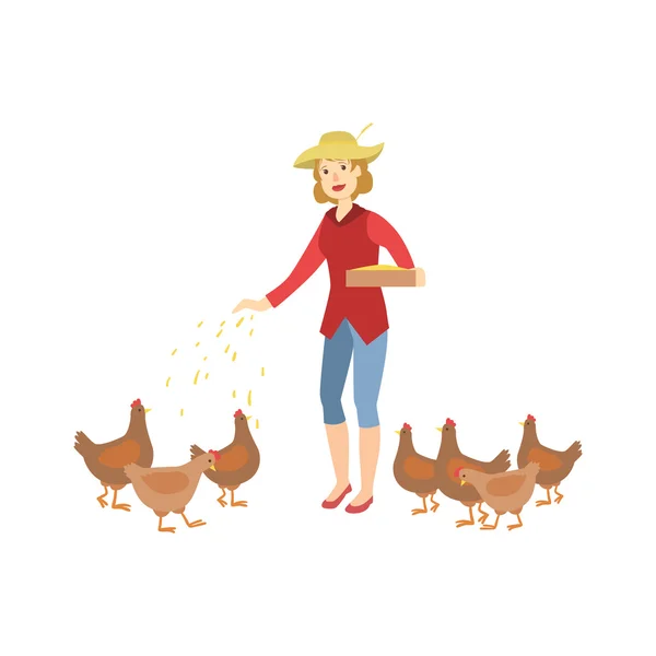 Woman Feeding The Chickens — 스톡 벡터