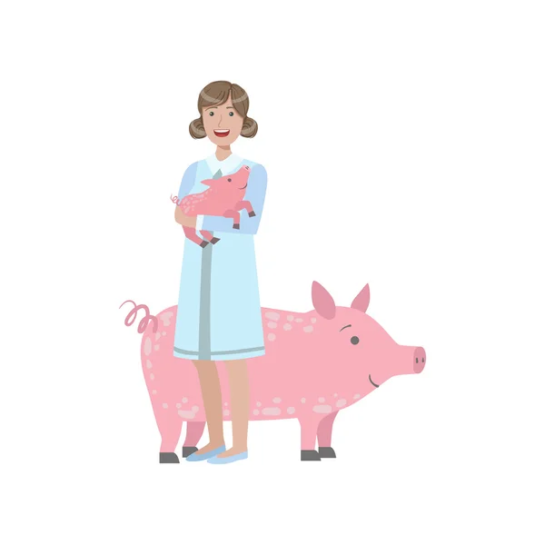 Woman In White Gown Holding A Piglet With Adult Pig Behing Her — Stock vektor