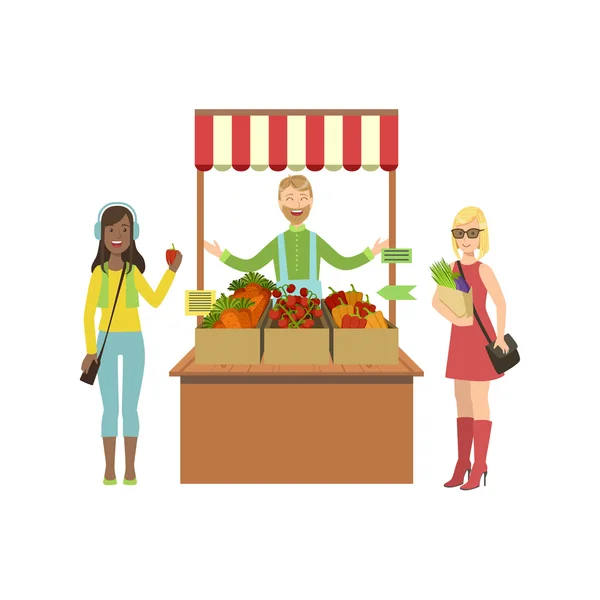 Овощной стенд Свежие продукты с продавцом и клиентами — стоковый вектор
