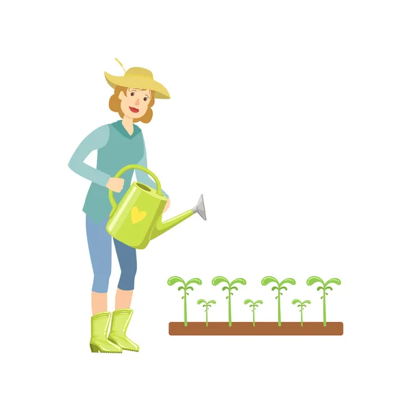 Woman Watering The Sprouts From A Can — Stock Vector