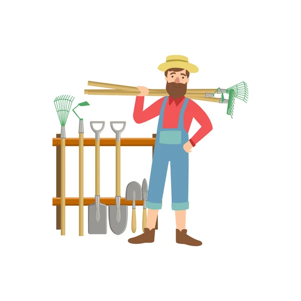 Bearded man met stapel landbouwmaterieel — Stockvector