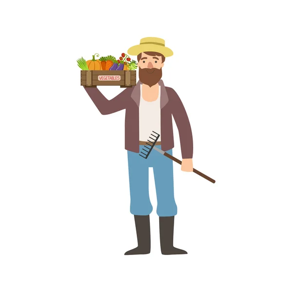 Uomo barbuto con rastrello e cassa di verdure — Vettoriale Stock