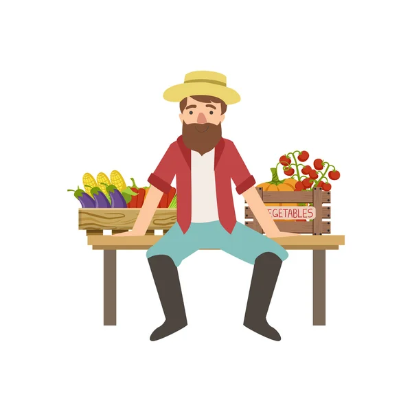 Campesino barbudo sentado en el banco con cajas de verduras — Vector de stock