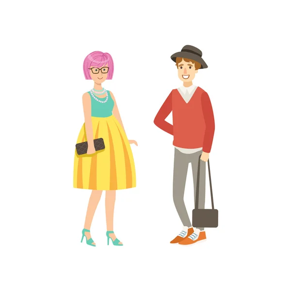 Дівчина з рожевим волоссям в жовтій спідниці і хлопець штани — стоковий вектор