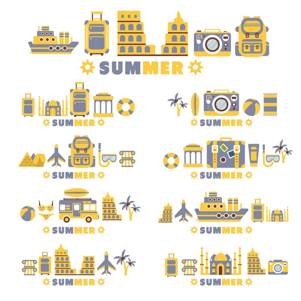 Símbolos de vacaciones de verano establecidos por cinco en línea colección de Clipart Vector — Vector de stock