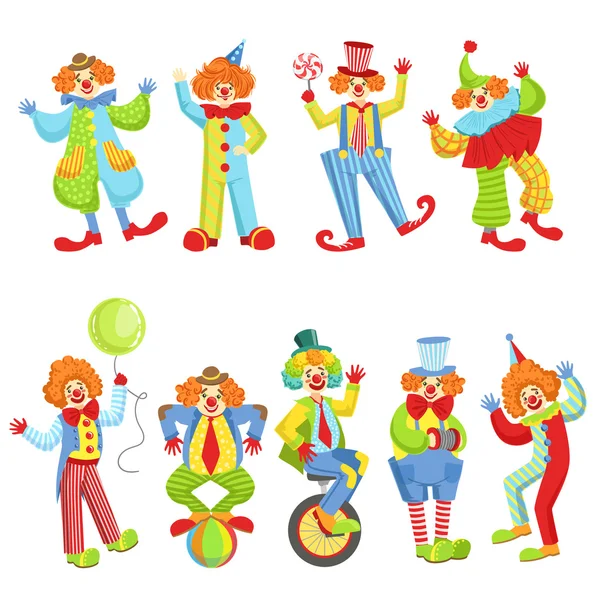 Set Of Colorful Friendly Clowns In Classic Outfits — Stock Vector