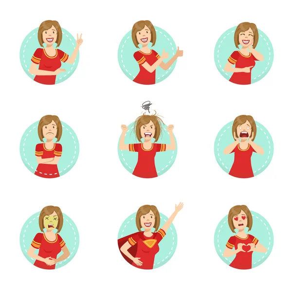 Emotionen Körpersprache Illustration Set mit Frau demonstriert — Stockvektor