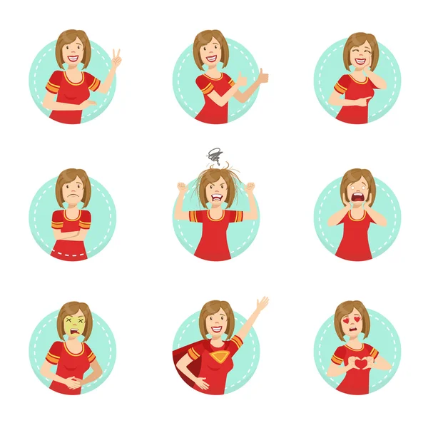 Emotion Body Language Illustration Set With Woman Demonstrating — Stock Vector