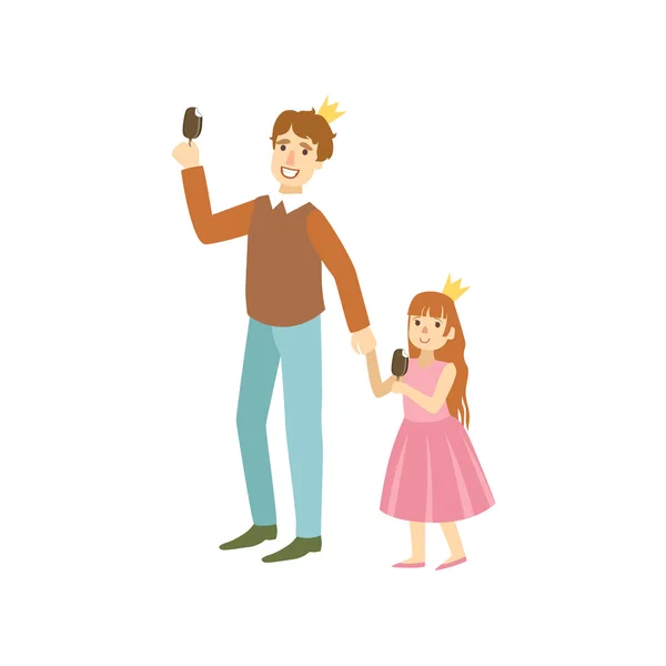 Père et fille portant des couronnes mangeant de la crème glacée — Image vectorielle