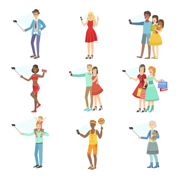 Gente tomando fotos con selfie stick conjunto de ilustraciones — Vector de stock