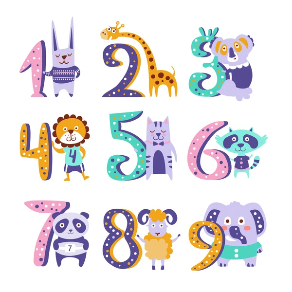 Stylized Funky Animals Standing Next To Digits Sticker Set — Stock Vector