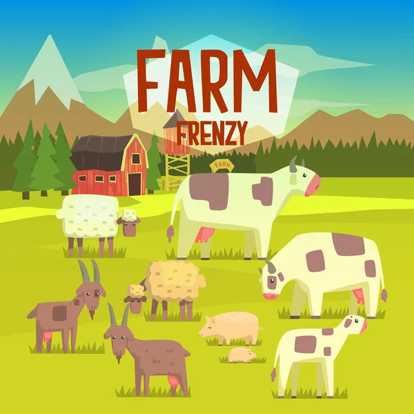 Ilustração de frenesi de fazenda com campo cheio de animais — Vetor de Stock
