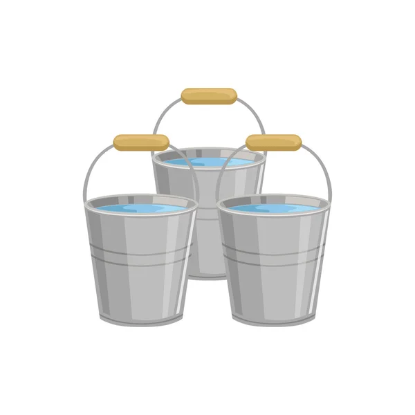 Tres cubos de metal con agua — Vector de stock