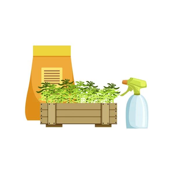 Набір рослин у ящику та мішку з добривами — стоковий вектор