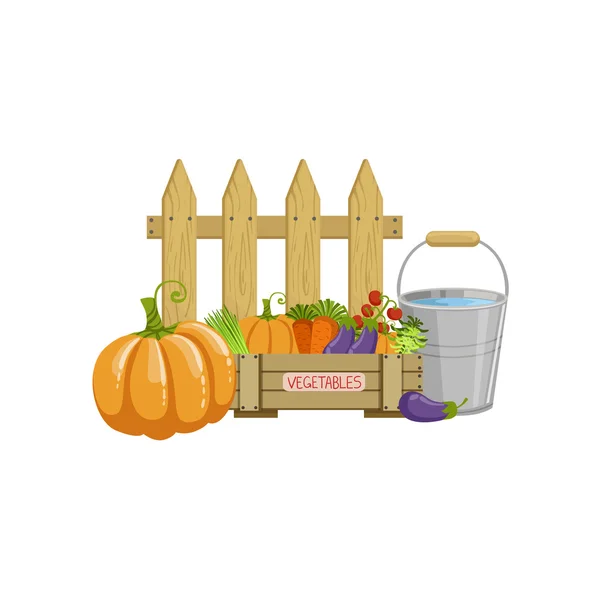 Κλουβί λαχανικών, κουβά με νερό και ένα φράχτη — Διανυσματικό Αρχείο