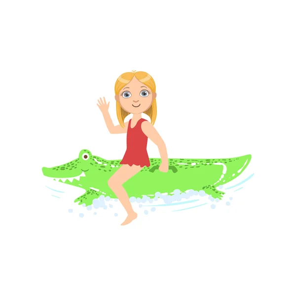 Juguete inflable del cocodrilo de la muchacha que monta en el agua — Vector de stock