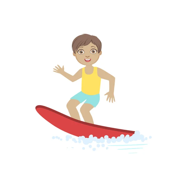 Niño surfeando en la pizarra roja — Vector de stock