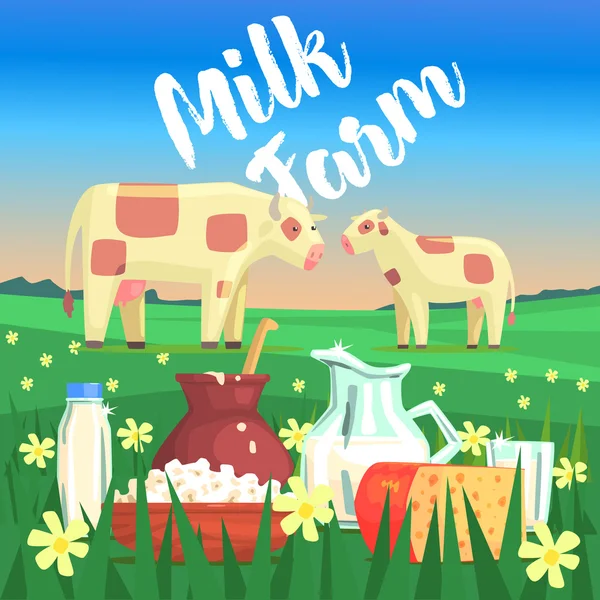 Paisagem com duas vacas e produtos lácteos em primeiro plano —  Vetores de Stock
