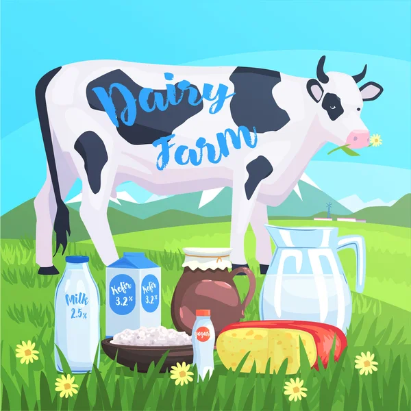 Krajobraz z krowy i przetworów mlecznych na pierwszym planie — Wektor stockowy