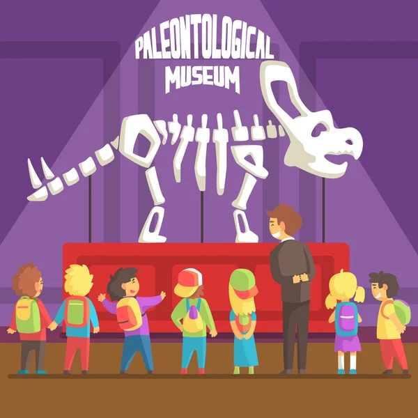 Groop van schoolkinderen In paleontologie Museum naast Triceratops skelet — Stockvector