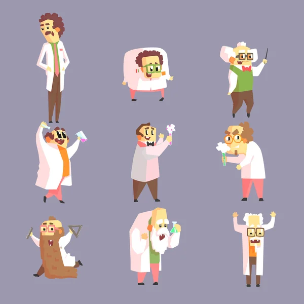 Set Of Funny Mad Scientists In Lab Coats — Stock Vector