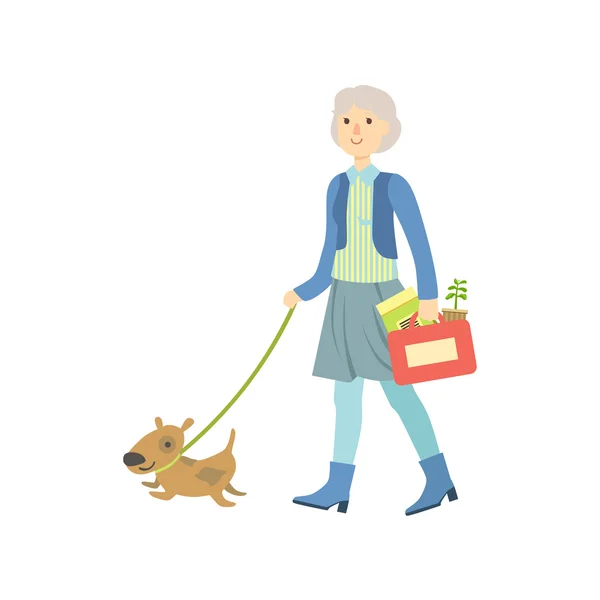 Vieille dame promener un chien — Image vectorielle