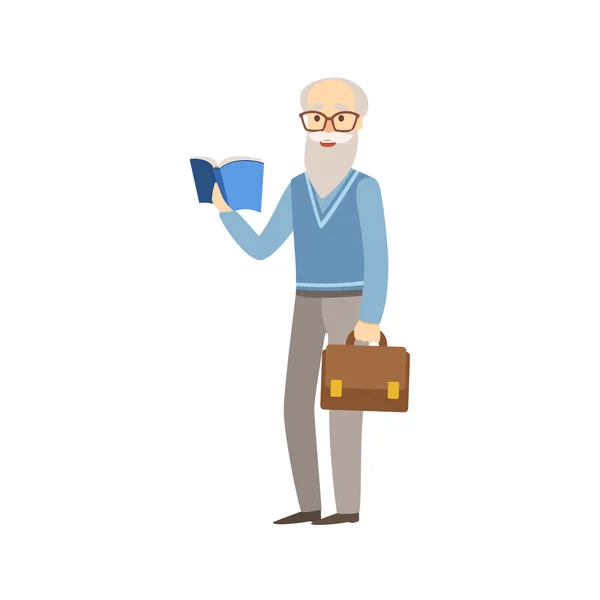Viejo profesor con libro y maleta — Vector de stock