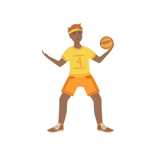 黄色いユニフォームを着た男がバスケットボールをする — ストックベクタ