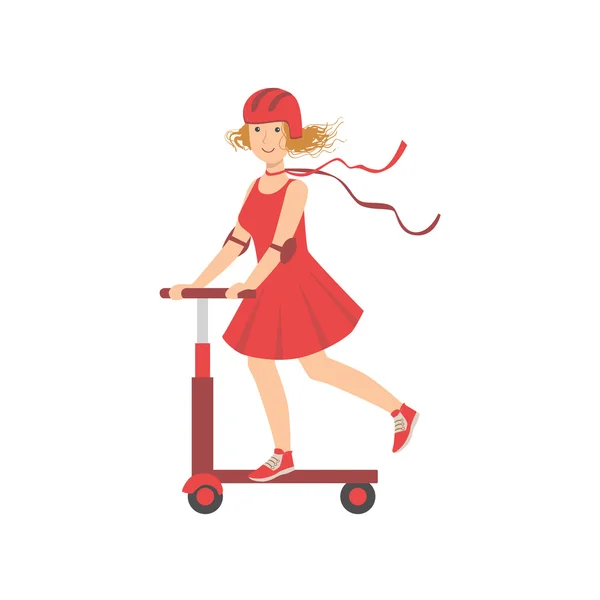 Mulher de vestido vermelho equitação um scooter — Vetor de Stock