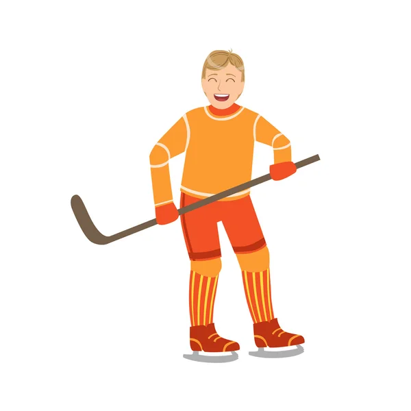 Chico jugando hockey en uniforme naranja — Vector de stock