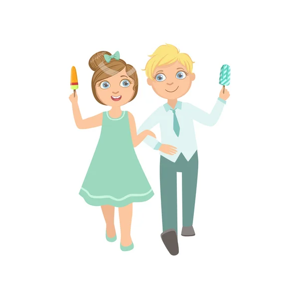 Boy Ad Girl On A Date Eating Ice-Cream — Stock Vector