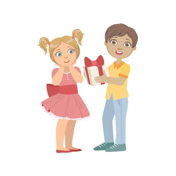 Boy Giving A Present To  Girl With Ponytails — Stock Vector