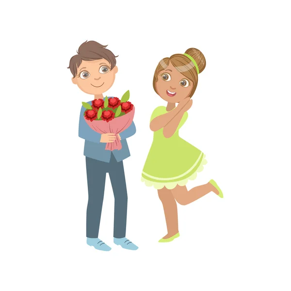 Boy Giving Flower Bouquet To A Girl - Stok Vektor