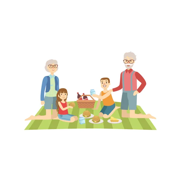 Dedesi ile çocuklar piknik — Stok Vektör