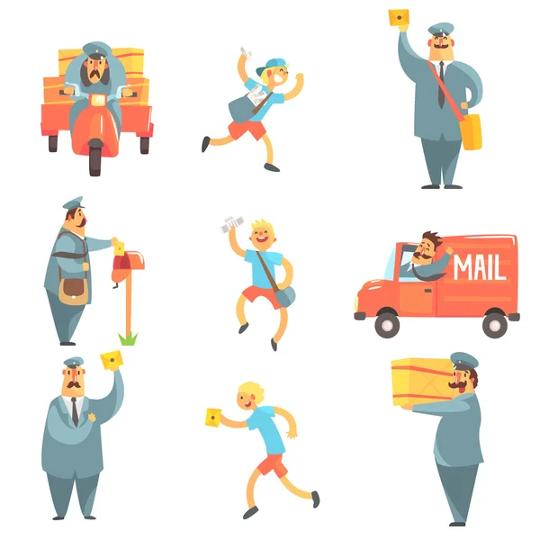 Mail Man y Corrier conjunto de procesos de trabajo — Vector de stock