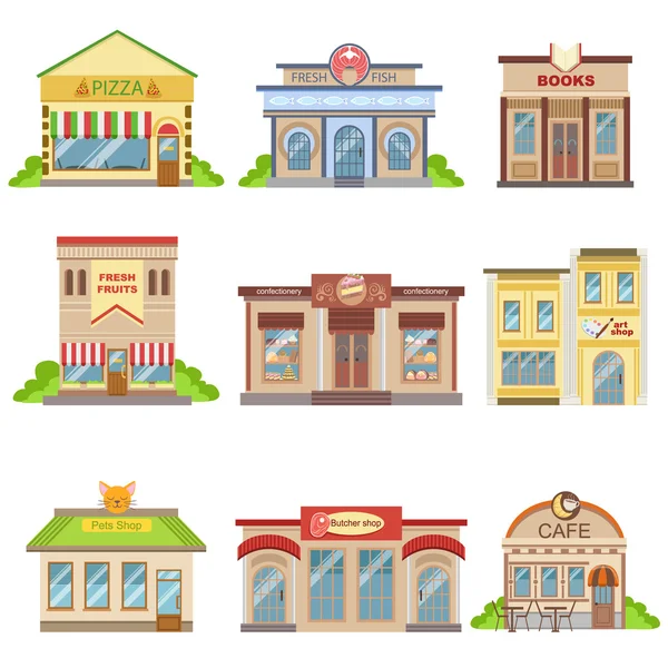 Edificios comerciales Diseño exterior Conjunto de pegatinas — Vector de stock