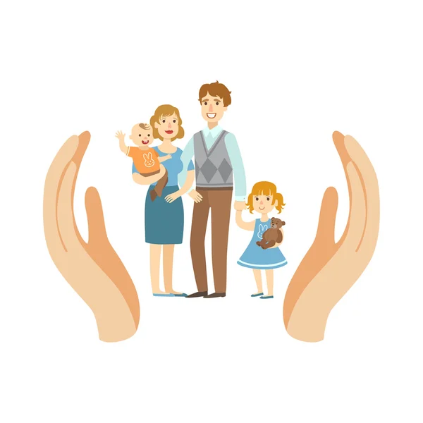 Family Wih Two Kids Protected By  Palms — Stock Vector