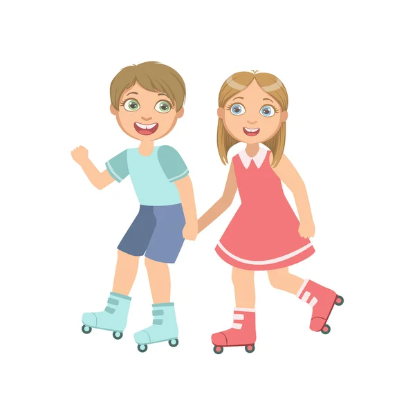 Boy And Girl Roller Skating Holding Hands — Stock Vector