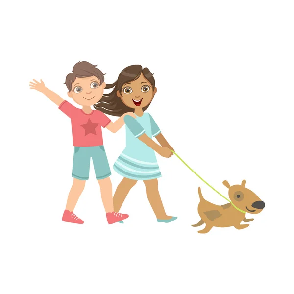 Menino e menina andando o cão juntos —  Vetores de Stock
