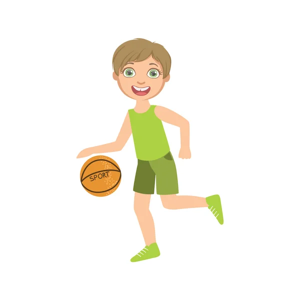 Menino jogando basquete em roupas verdes —  Vetores de Stock