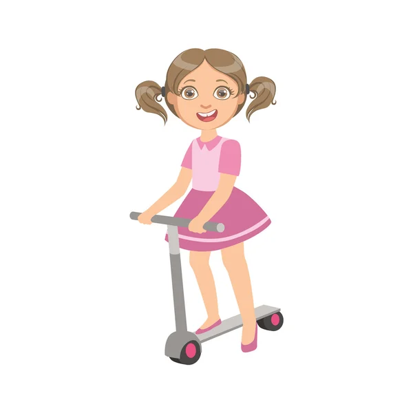 Girl With Ponytails Riding Scooter — Stock Vector