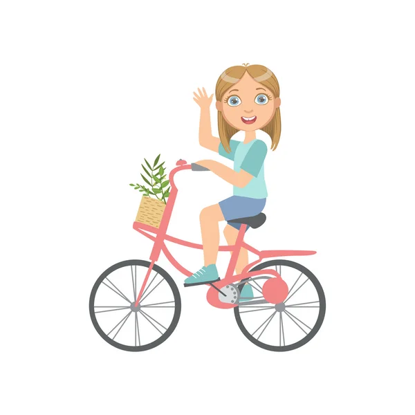 Chica montando una bicicleta ondeando — Vector de stock