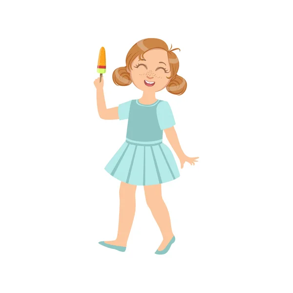 Chica caminando sosteniendo helado en un palo — Vector de stock