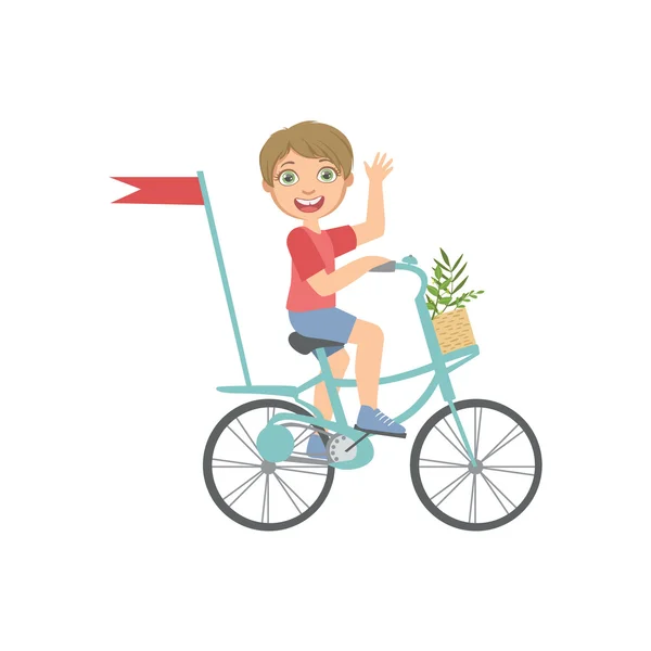 Niño montando una bicicleta ondeando — Vector de stock