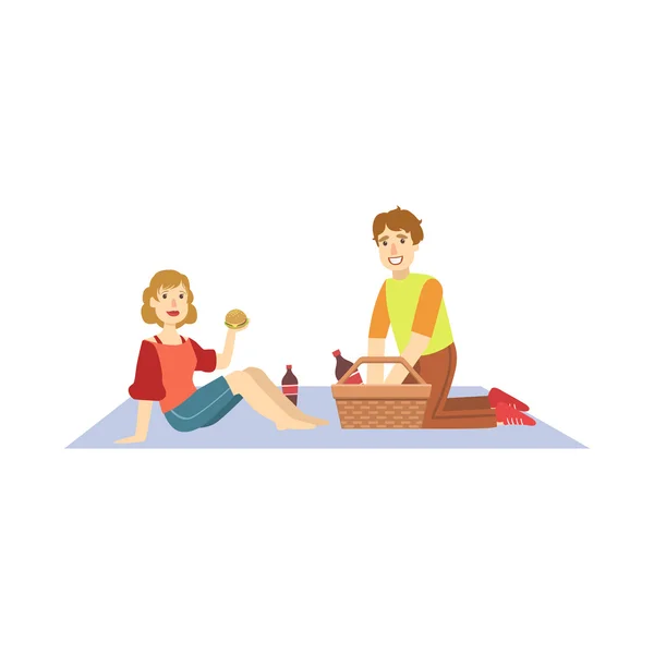 Pareja comiendo hamburguesas en el picnic — Vector de stock