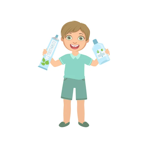 Pojken håller stora tandkräm tub och munvatten flaska — Stock vektor