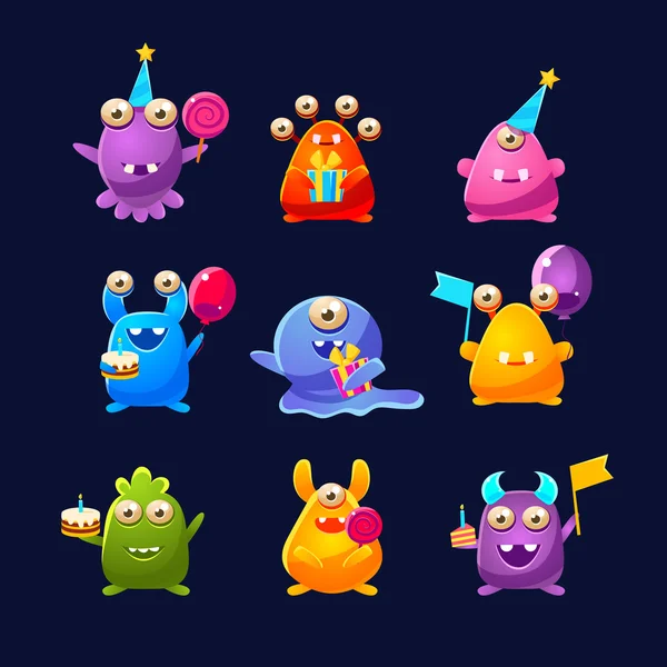 Fantásticos monstruos con objetos de fiesta de cumpleaños — Vector de stock