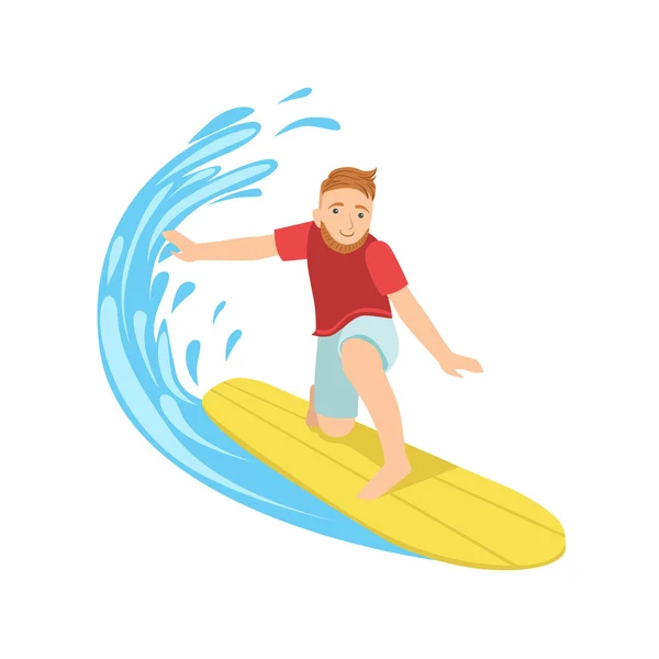 Guy pegando a onda na prancha de surf amarela —  Vetores de Stock