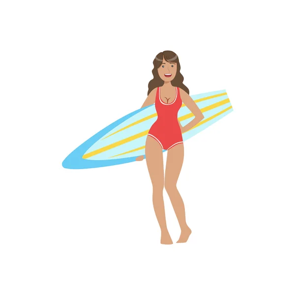 Woman In Red One-piece Swimsuit Pasing With Surfboard — Διανυσματικό Αρχείο